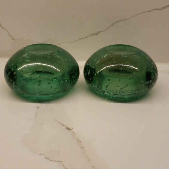 SET of 2 Green Art Glass Bubble Paperweight Tea light Candle  Holder - Picture 4 of 5